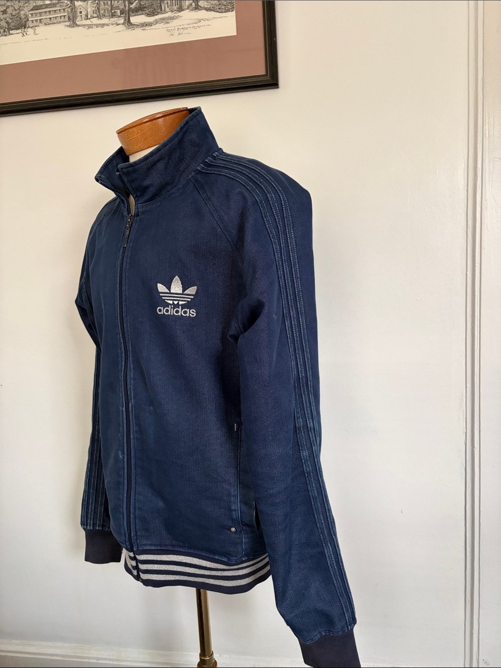 Denim Adidas jacket with two pockets in front has Adidas logo on front and back - Picture 2 of 5